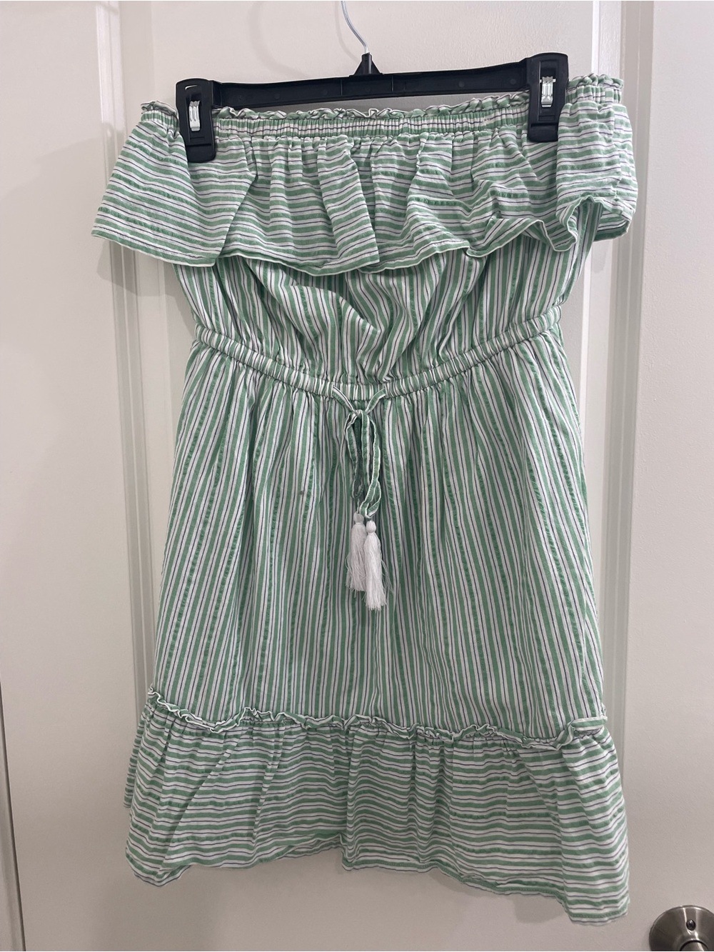 And Off-Shoulder Green & White Striped Kids Dress with Tassel Tie